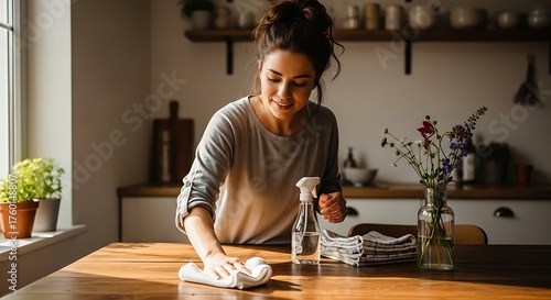 Woman Cleaning Wooden Table with Spray and Cloth in Kitchen.