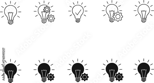 Innovation bulb icons set with gear, check mark, lightning, black silhouette, engineering idea, creativity concept, vector illustration design