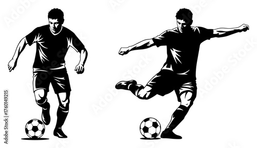 Soccer player vector silhouette set. Football player kicking and dribbling the ball. Isolated sport athlete icon or logo element for your design.