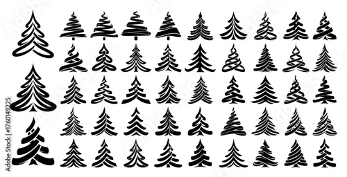 Set of hand drawn Christmas tree icons. Abstract brush stroke and calligraphy style fir tree silhouettes. Modern and simple winter holiday symbols collection vector graphic elements.