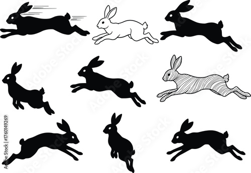Jumping rabbit silhouettes in dynamic poses, black and white vector illustration showcasing motion, animal behavior, cartoon style, and playful design
