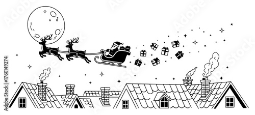Santa Claus with reindeers in a sleigh flying over city rooftops at night. Hand drawn vector illustration of a Christmas scene with presents.