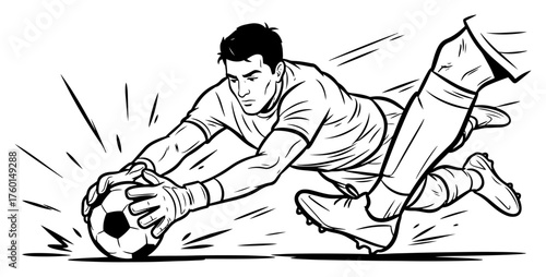 Hand drawn sketch of a soccer goalkeeper diving to save the ball. Vector line art illustration of a football player in action.