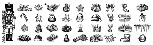 Mega set of vintage Christmas icons in sketch style. Big collection of hand drawn holiday symbols. Nutcracker Santa angel snowman and other traditional Xmas elements vector illustration.