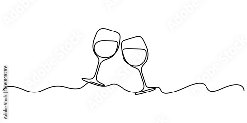 Two glasses of red wine in one continuous line drawing. Romantic toast concept. Doodle vector illustration