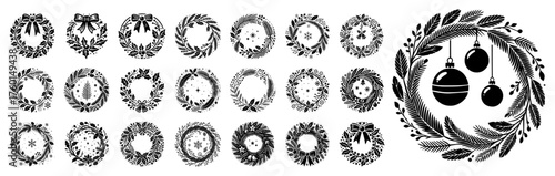 Christmas wreath vector icon set. Big collection of holiday floral circle frames and borders. Winter decoration elements.