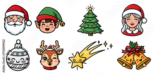 Set of cute Christmas characters and icons in kawaii style. Vector collection of holiday cartoon stickers with Santa elf reindeer and tree.