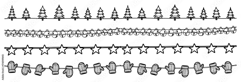 Fototapeta premium Set of hand drawn Christmas garland borders. Vector sketch collection of seamless festive dividers with trees bells stars and mittens.