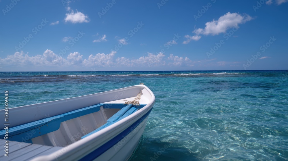 Naklejka premium Small Motorboat Gliding Across Clear Water Under Bright Blue Sky on Serene Day