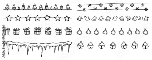 Set of hand drawn Christmas borders and design elements. Collection of festive doodle dividers with trees stars gifts snowflakes and other holiday symbols. Sketchy vector illustration pack.