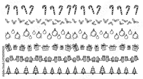 Collection of seamless Christmas borders. Set of hand drawn festive doodle dividers with candy canes holly baubles gifts mittens and trees. Holiday pattern brushes vector illustration.