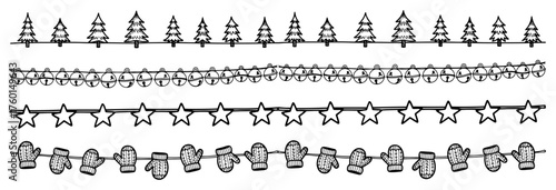 Set of hand drawn Christmas garland borders. Vector sketch collection of seamless festive dividers with trees bells stars and mittens.