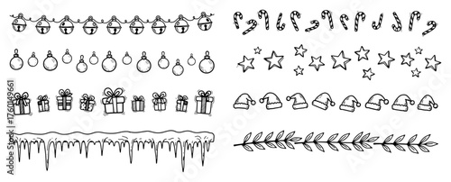Big set of vector hand drawn Christmas borders and dividers. Collection of various festive doodle garlands with gifts santa hats and stars.