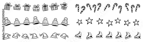 Hand-drawn Christmas borders and dividers vector set. Collection of seamless winter holiday doodle elements with gifts hats and skates.