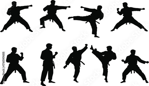 Martial arts silhouette poses with traditional uniforms, dynamic kicks, fighting stances, discipline, training, self-defense, karate, taekwondo, combat action