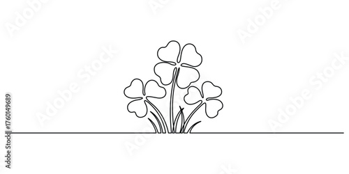 Continuous one line drawing of four leaf clovers. Symbol of St. Patrick's Day. Three leaves clover, Good luck floral symbol in simple vector illustration