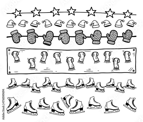 Set of hand-drawn Christmas garlands and borders. Vector collection of winter holiday doodles with mittens hats scarves and ice skates.