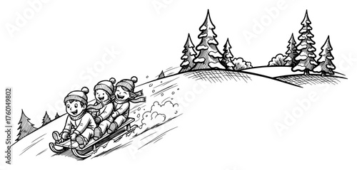 Happy children sledding in a winter landscape. Hand-drawn vector illustration of kids playing in the snow. Christmas holiday sketch.