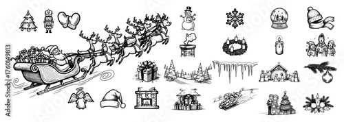 Big set of hand-drawn Christmas doodles. Vector collection of vintage winter holiday sketches. Santa reindeer snowman illustrations.