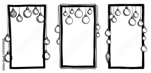 Collection of vertical Christmas frames with hanging baubles. Set of hand drawn holiday borders with ornaments. Sketchy doodle vector illustration for festive cards invitations or story templates.