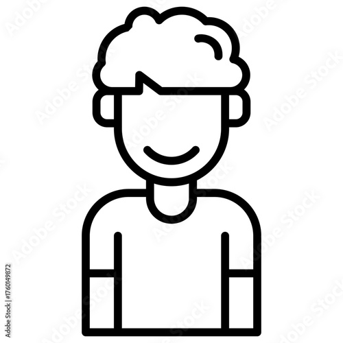 Simple vector illustration of a young man's upper body, featuring a friendly smile and styled hair, presented in a clean, minimalist outline