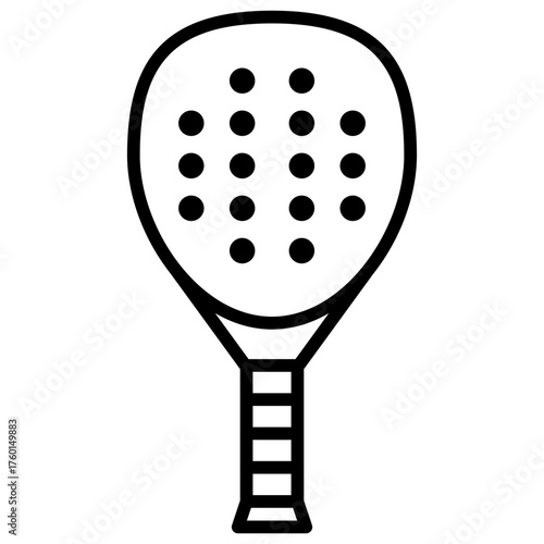 A minimalist black and white line art illustration of a padel tennis racket with a perforated surface and a striped grip, suitable for sports-related graphics and designs