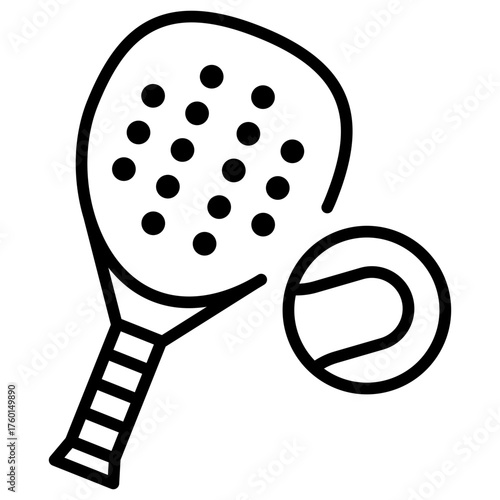 Minimalist outline icon of a padel or tennis racket with a ball, representing court sports, games, and athletic activity in a simple, modern vector graphic style