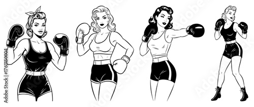 Set of vintage style female boxers. Vector collection of strong and beautiful retro pinup girls in boxing gloves and sportswear.