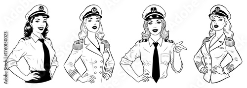 Set of retro pin-up illustrations of a beautiful female captain. Vintage naval officer or sailor woman character in uniform vector collection.