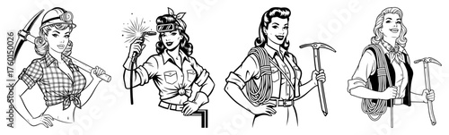 Set of retro pin-up working women illustrations. Vintage female worker and adventurer characters miner welder and climber vector collection.