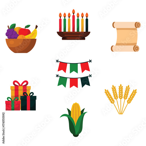 Colorful Kwanzaa Icons Collection Vector Design With Fruits Candelabra Unity Cup Gifts Harvest Wheat Ear Of Corn Drum And Banner For Celebration
