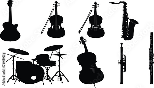 Musical instrument silhouette vector set with guitar, violin, saxophone, flute, trumpet, cello, drum set, music design illustration