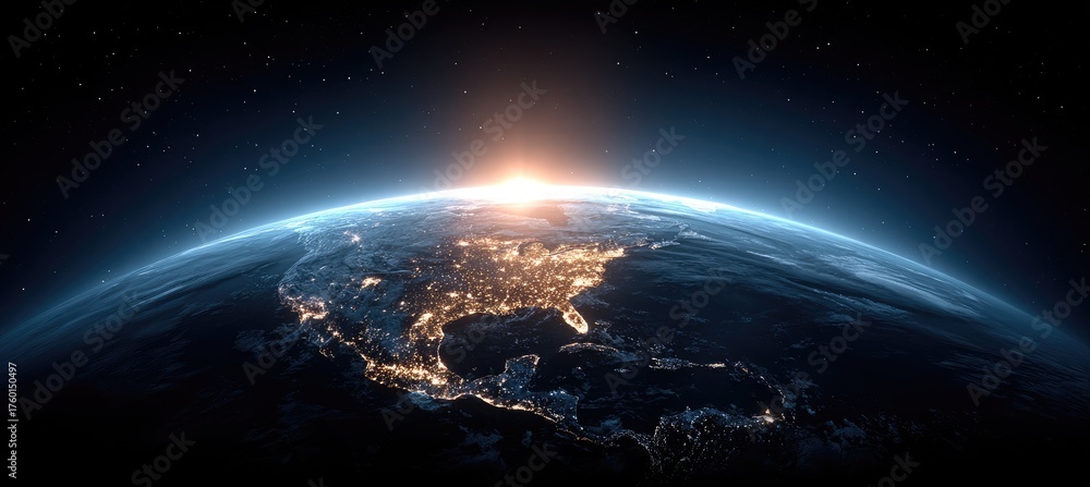 Obraz premium Earth From Space At Sunrise With Glowing Cities And Stars