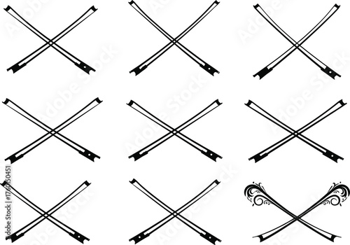 Nine crossed sword black silhouette designs with decorative vintage elements, elegant weapon vector illustration set isolated on white background for design.