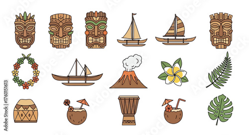 Collection of colorful vector illustrations depicting Hawaiian culture, including tiki masks, outrigger canoes, a volcano, tropical flowers, and coconut cocktails.