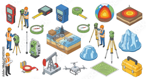 Isometric illustration featuring surveyors using surveying equipment, geological cross-sections, oil extraction, and related tools.