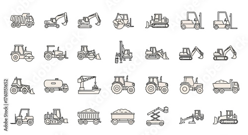 A collection of outline illustrations depicting various construction and agricultural vehicles, including tractors, excavators, bulldozers, and dump trucks, ...