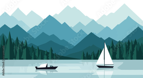A serene landscape featuring a sailboat and a small motorboat on a calm lake, with layered mountains and trees in the background.