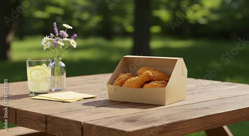 Fried chicken food box mockup on outdoor picnic table lifestyle setup with drinks napkins and sunlight clean branding concept