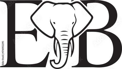 Minimalist EB elephant silhouette logo – black-and-white design of elephant head, trunk, and tusks fused with serif letters “E” and “B” for branding, initials, and wildlife-themed identity.