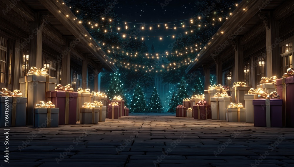 Obraz premium Festive Christmas Market Pathway Lined With Numerous Gift Boxes And Twinkling Lights In A Dark Evening Scene