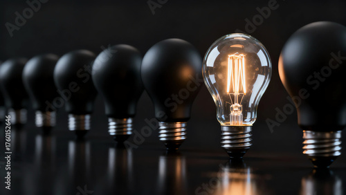 Brilliant light bulb shining brightly among many dark, unlit bulbs, symbolizing a unique breakthrough idea.