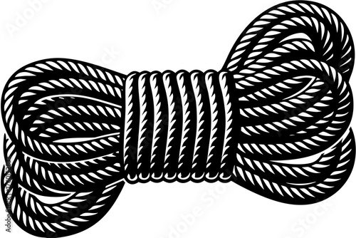 Coiled Rope Illustration: A tightly wound black rope, its fibers interlaced in a complex pattern, forming a compact, sturdy coil, ready for any task.