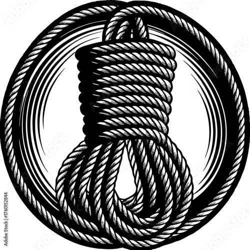Tightly Wound Rope: A stark depiction of a coiled rope, artistically arranged to create a captivating visual impression. Its rough texture and stark contrast evoke a sense of strength.