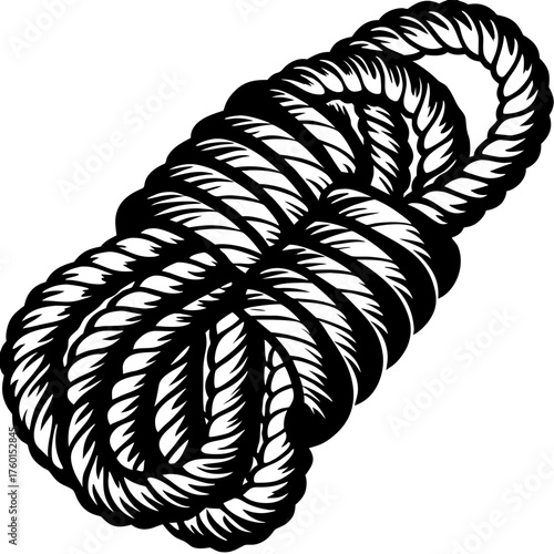 Rope Coiled: Detailed monochrome portrayal of a thick rope, meticulously coiled, highlighting the texture and form of this essential nautical and industrial tool. 