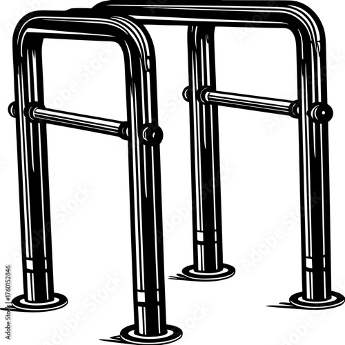 Bike Rack Illustration: A detailed graphic illustration of a modern bike rack, crafted from polished, minimalist metal, offering secure and organized parking for bicycles. 