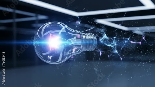 A glowing light bulb with particles floating around it, set against a dark, futuristic background