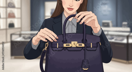 Woman holding a luxury handbag in a boutique.