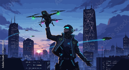 Futuristic operative holding a surveillance drone in a cyberpunk city.