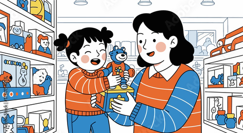 Happy mother and daughter choosing toys together in a store.